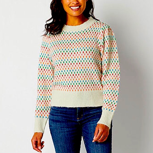 NWT St. John’s Bay Woman’s Crew Neck Long Sleeve Ivory Pullover Sweater Size M/P - Picture 1 of 8